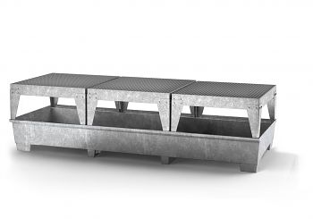 Stahl-Auffangwanne (IBC) verzinkt mit Gitterrost und 3 x Abfüllbock