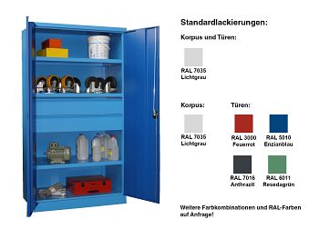 Schwerlastschrank mit 3 Böden 2 Schubkästen a´ 175 mm