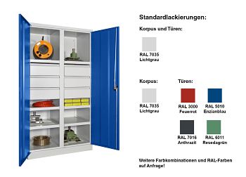 Schwerlastschrank mit Trennwand 6 Böden, 6 Schubkästen a´175 mm