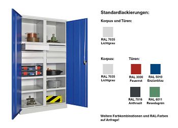 Schwerlastschrank mit Trennwand 6 Böden, 6 Schubkästen a´125mm