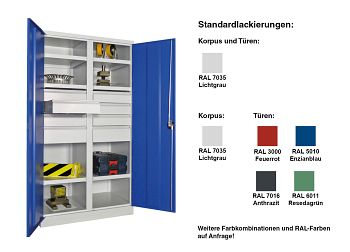 Schwerlastschrank mit Trennwand 6 Böden, 6 Schubkästen a´125mm