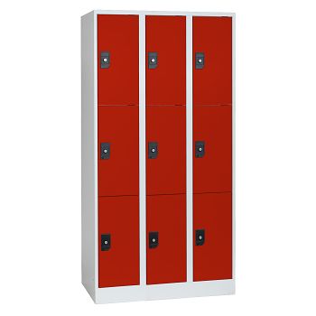Stahlkleiderschrank 3 Abteile a'300mm Lichtgrau/Feuerrot mit 9 Fächer