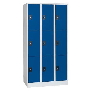 Stahlkleiderschrank 3 Abteile a'300mm Lichtgrau/Enzianblau mit 9 Fächer