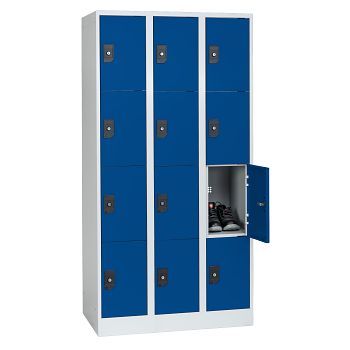 Stahlkleiderschrank 3 Abteile a'300mm Lichtgrau/Enzianblau mit 12 Fächer