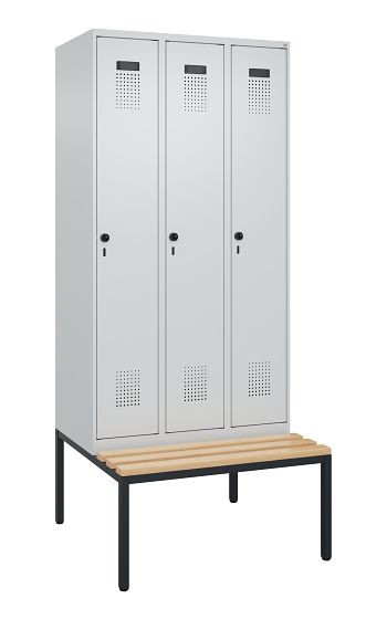 Garderobenschrank mit untergebauter Sitzbank, 3 Abteile á 300 mm