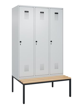 Garderobenschrank mit untergebauter Sitzbank, 3 Abteile á 400 mm