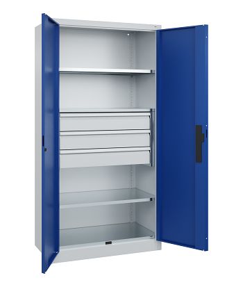 mittig; Lichtgrau RAL 7035/Enzianblau RAL 5010 