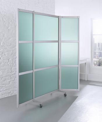 Mobile Faltstellwand Alu silber / ESG Glas satiniert
